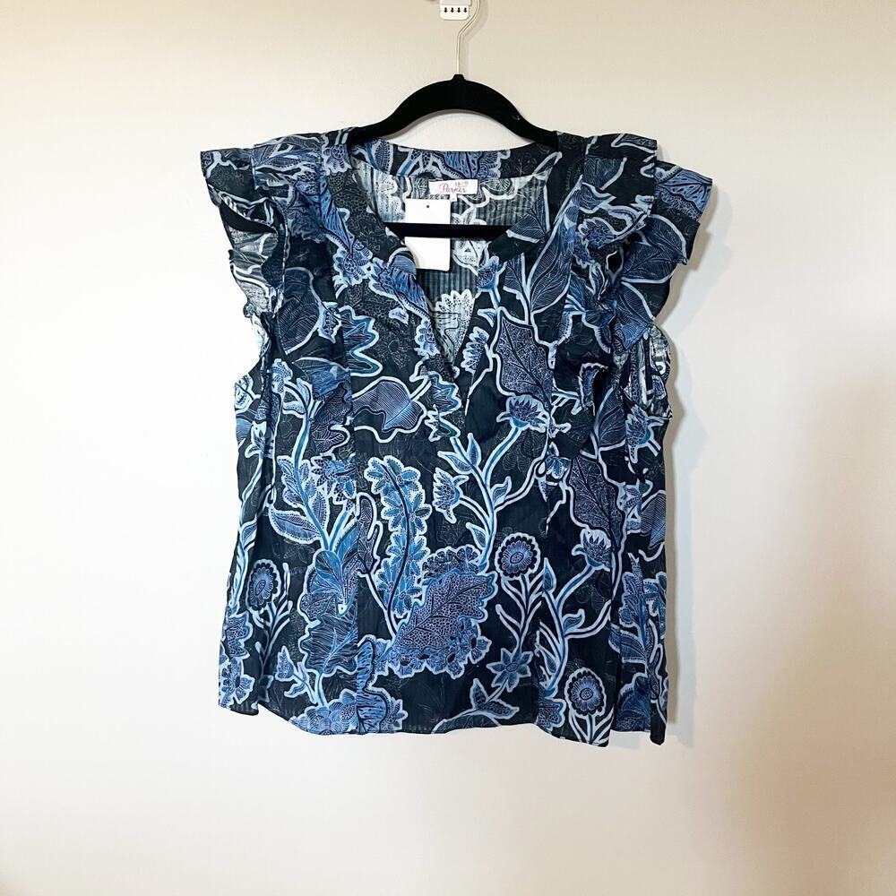Parker Mindy Floral Ruffle Sleeve Cotton‎ Top In Marine Safari xl